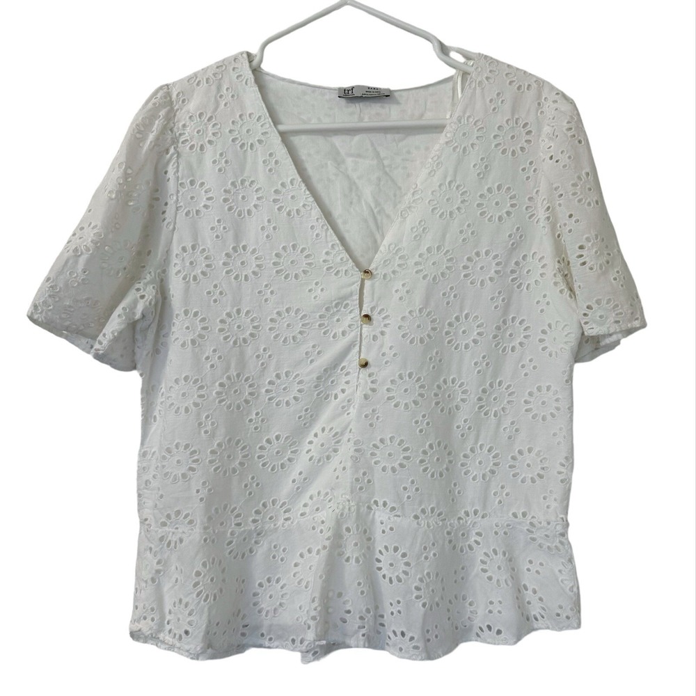 Zara Eyelet Peplum Top XL White‎ Coastal Minimalist Boho Cottagecore